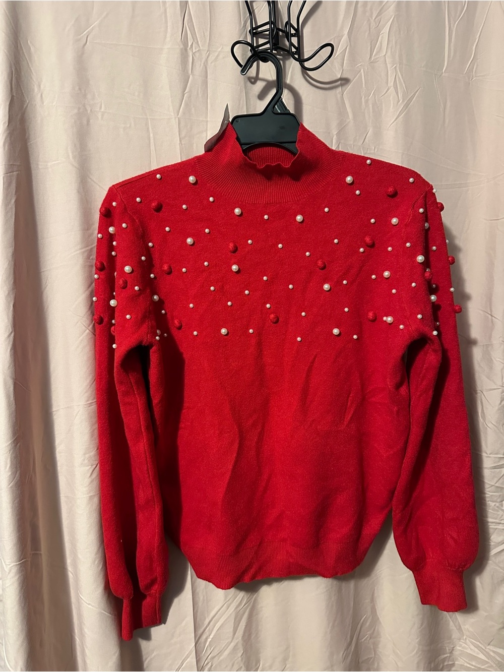 Craft Red Scalloped Mock Neck Sweater with Pearl & Pom Detail
